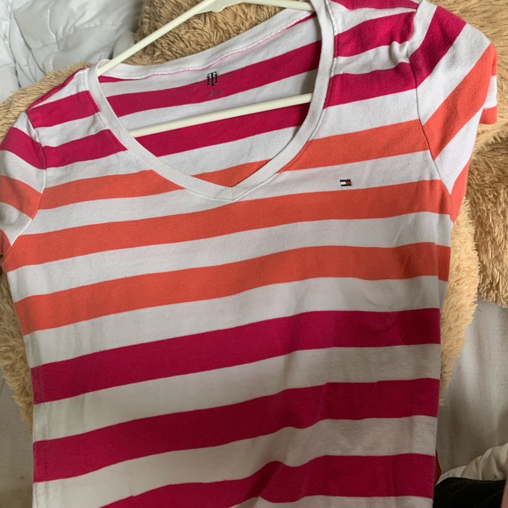 tommy shirt v neck with pink and orange stripes